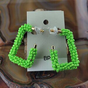 New Nordstrom BP Gold Tone Neon Green Beaded Rectangle Geometric Hoop Earrings